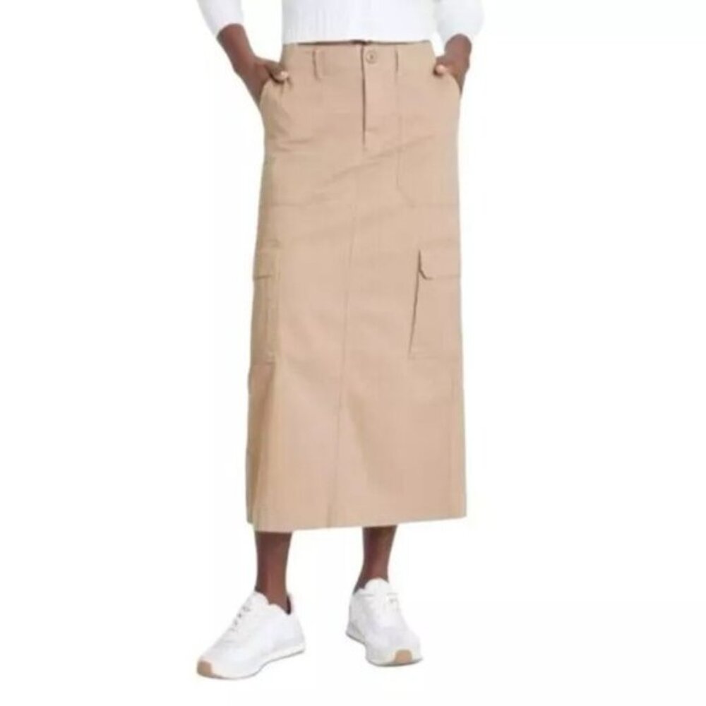 Universal Thread Womens Cargo Midi Skirt Tan High Rise Utility Size 2